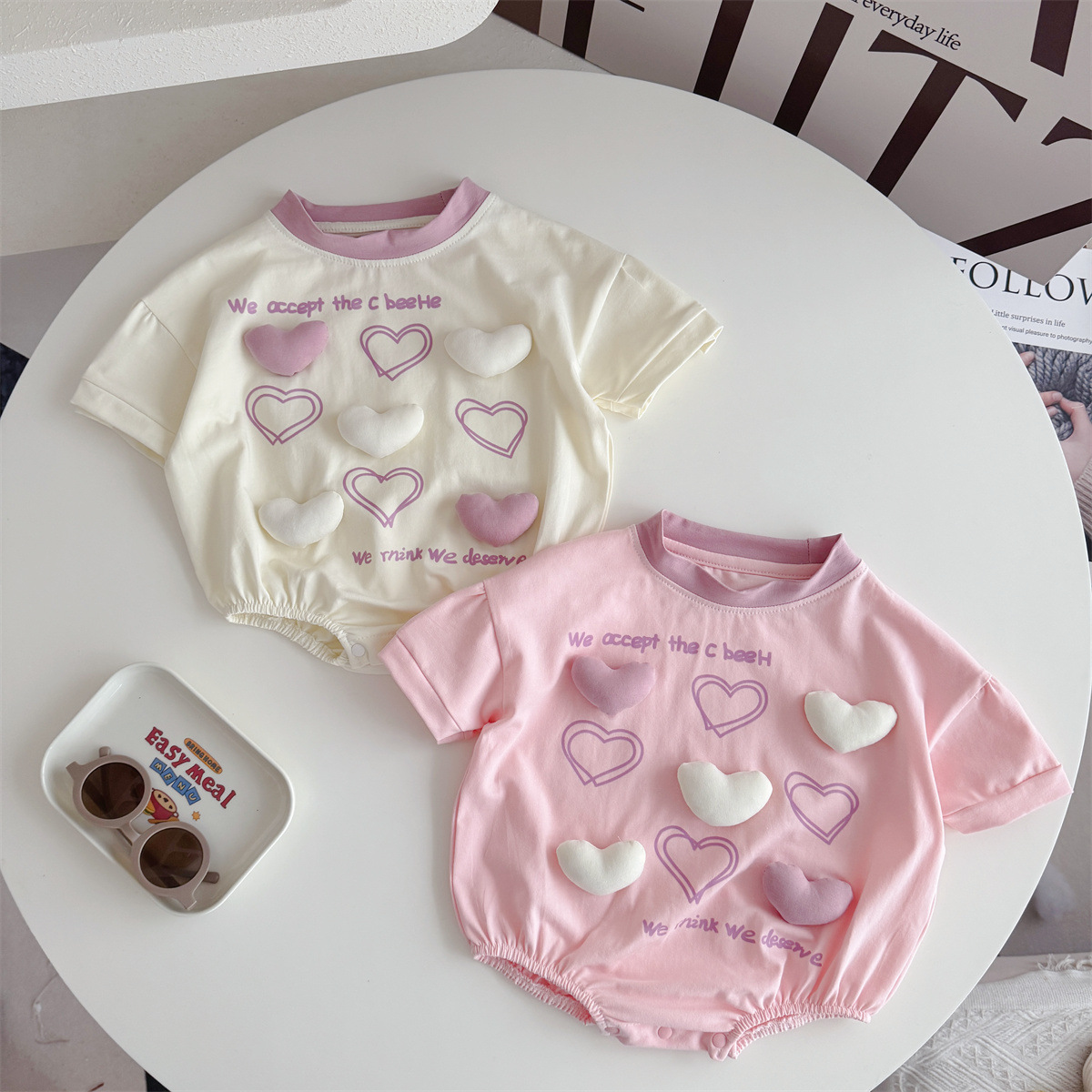 Baby Clothing Korea - Solid-Color 3D Heart-Print Triangular Rompers for